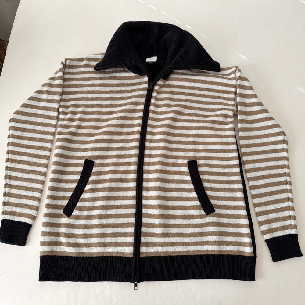 Cabi 6448 Striped Full Zip Cardigan Sweater Tan Black White Women Medium